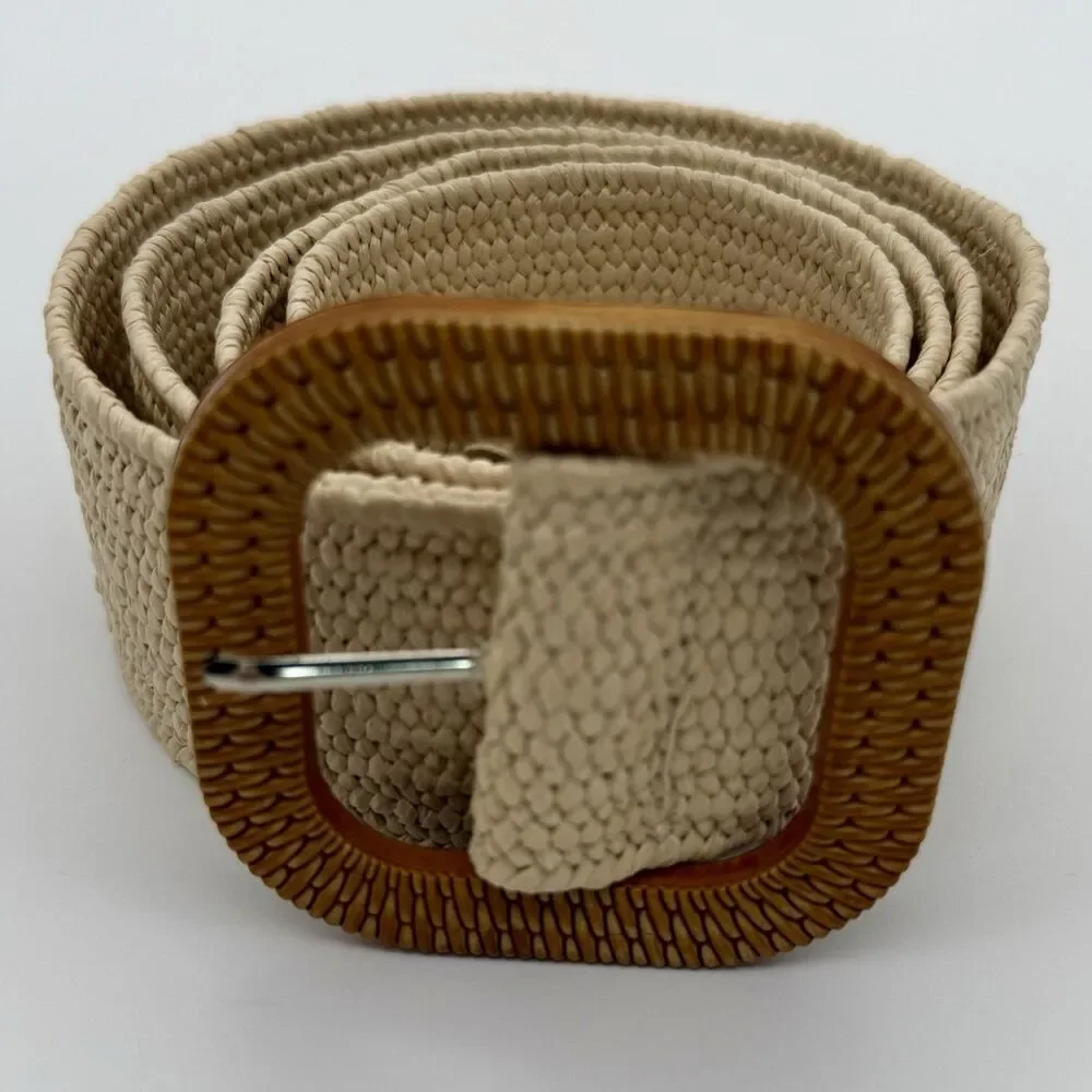 Straw Stretch Woven Belt Womens Natural -Rattan Buckle 48